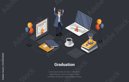 Graduation, End Of Study At School, College And University Concept. Happy Student Jumping and Dancing Near Huge Laptop, Hourglass, Diploma And Stack Of Books. Isometric 3D Cartoon Vector Illustration