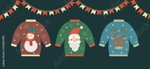 Christmas postcard with different cartoon ugly sweaters. Cute Christmas sweaters concept in flat style. Vector ugly sweater party invitation.