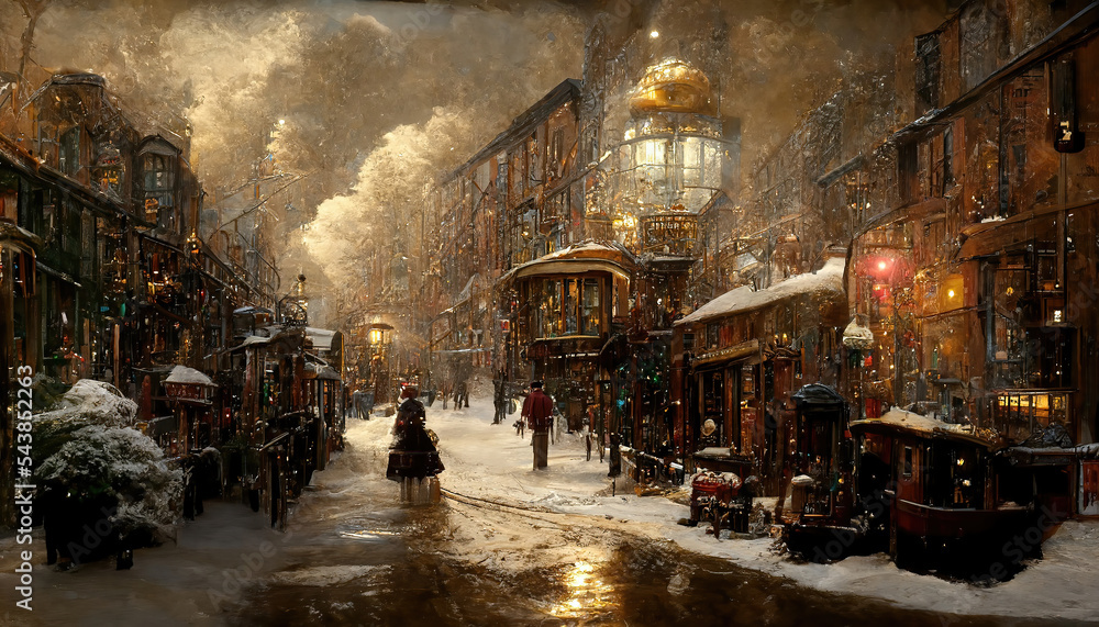AI generated image of Christmas in the streets of a small industrial town in 1920s America 