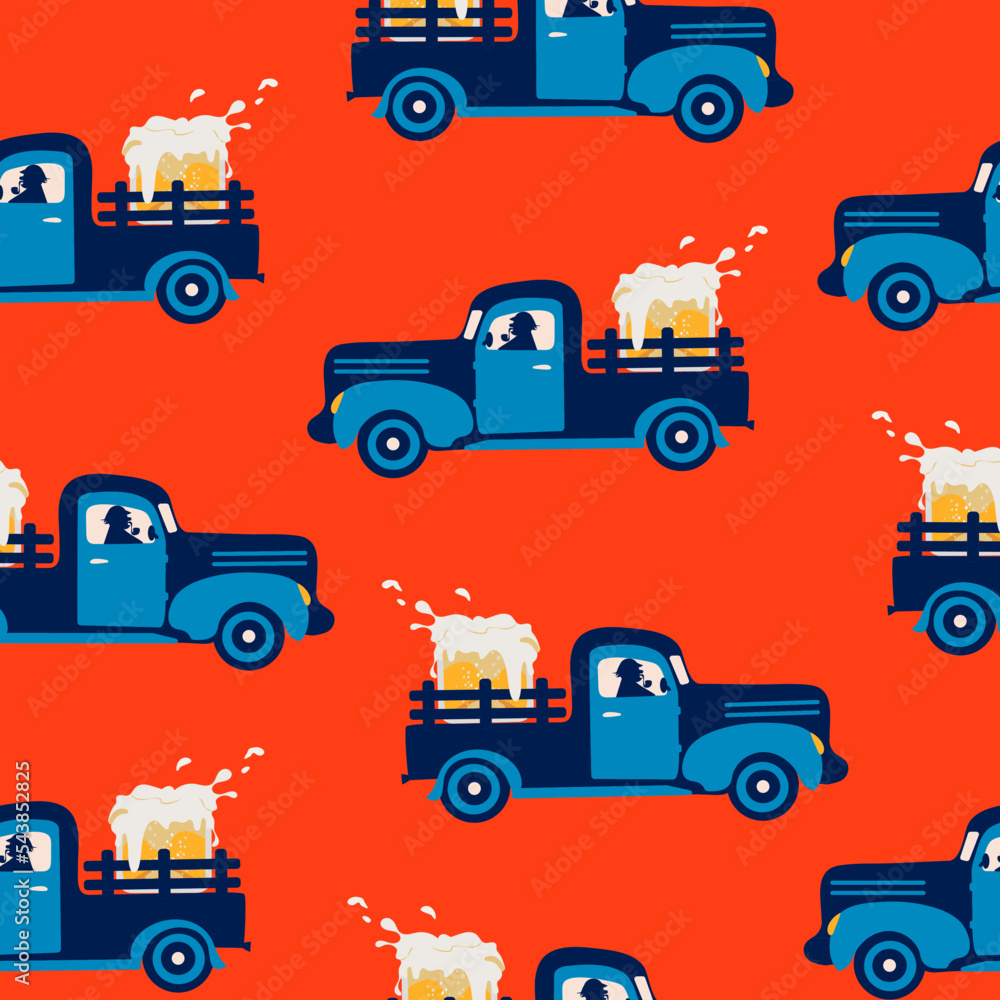 Seamless Pattern with Beer delivery truck. Truck and beer Glass, bottles, draft beer. Beer theme