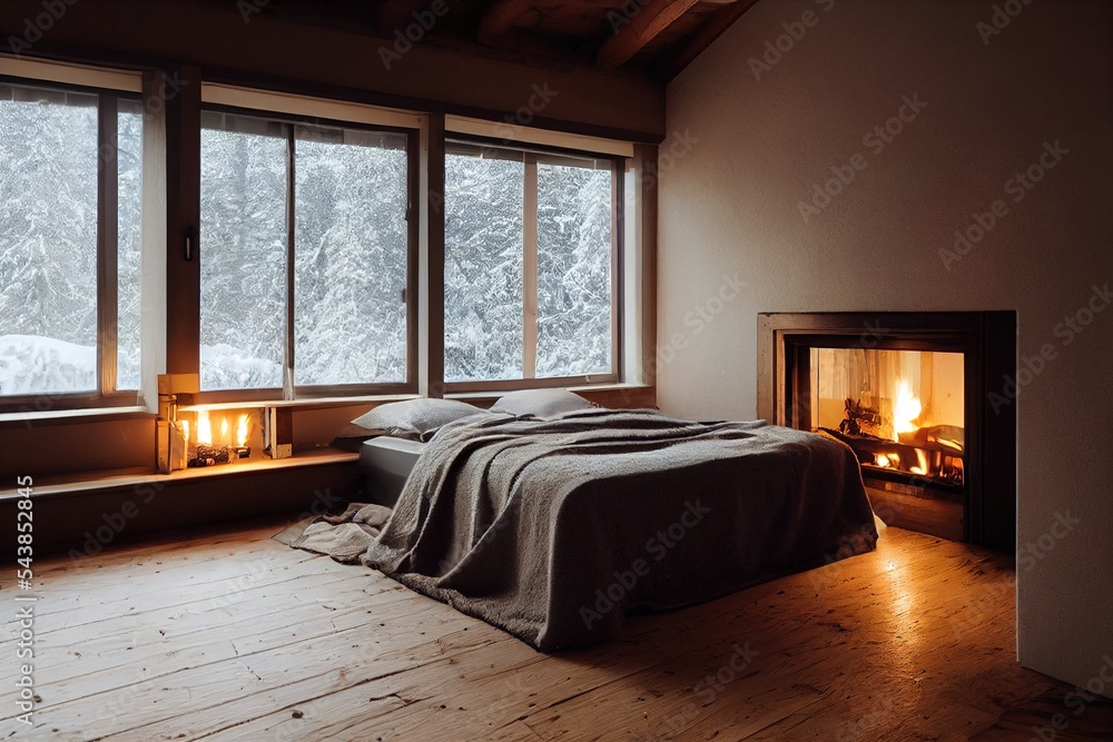 Obraz premium Cozy warm apartment bedroom Interior in winter 3D illustration with copy space