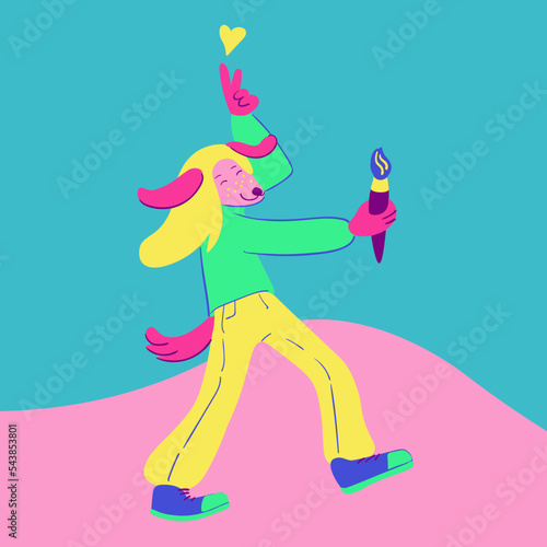 furry dog girl character  dancing with paintbrush