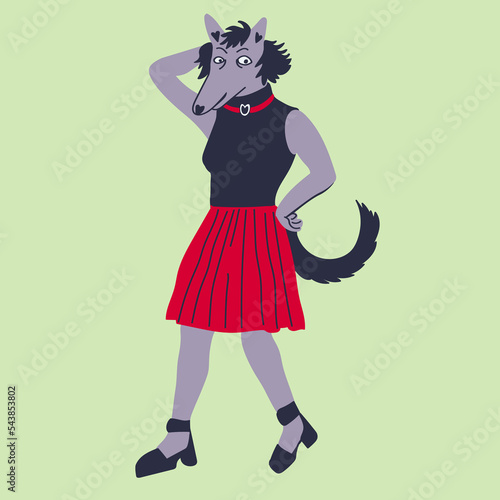 furry dog girl character posing in skirt and shoes