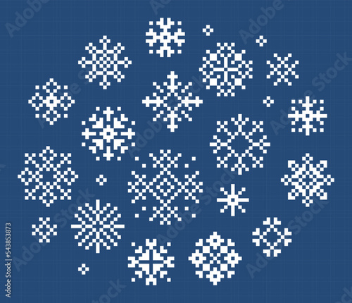 Set of vector pixel snowflakes. Christmas and winter holidays isolated design elements