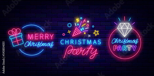 Christmas party neon signboards set. Circle frame with diamond and gift. Confetti icon. Vector stock illustration