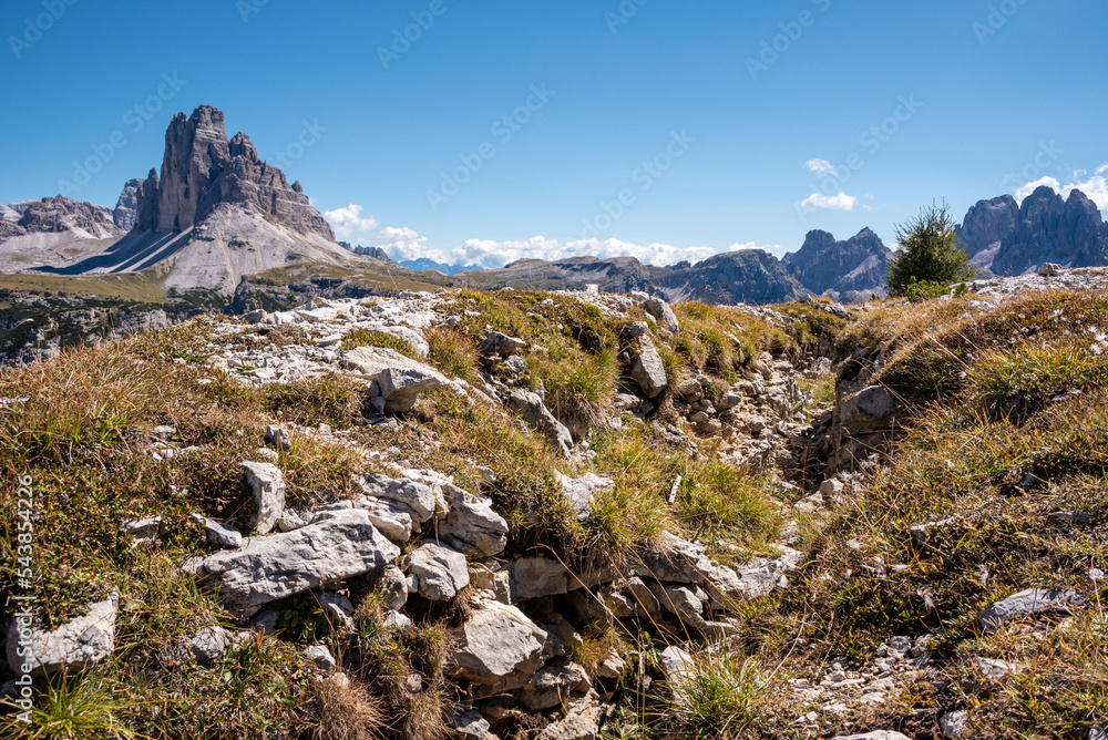 Remains of military trenches on Mount Piano in the Dolomite Alps, built during the First World War