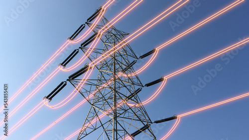 Electricity transmission towers with glowing wires