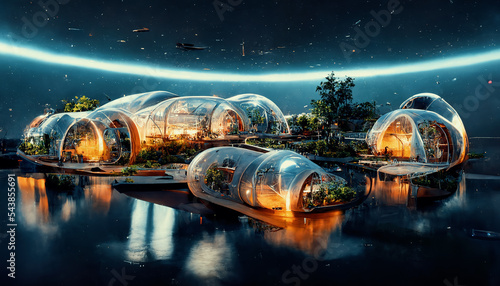 Foto Space expansion concept of human settlement in alien world with green plant as proof of life in space