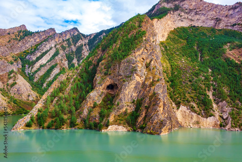 Picturesque turquoise lake in the Caucasus mountains.