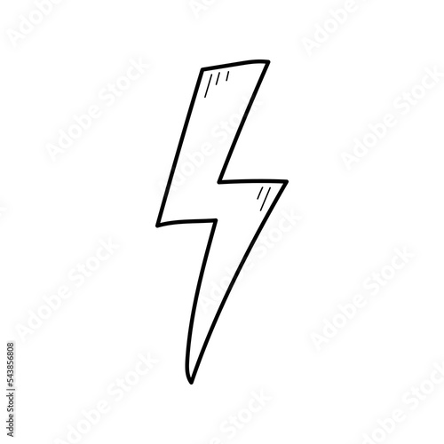 Hand drawn electric lightening element. Comic doodle sketch style. Thunderbolt for flash, energy concept icon. Vector illustration.