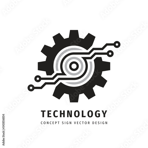 Technology gear concept business logo template design. Cogwheel mechanic sign. Computer network SEO icon. Search engine optimization. Line style. Graphic design element. Vector illustration