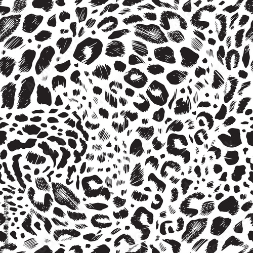 Seamless pattern of leopard spots. Jaguar skin. Vector black and white illustration.