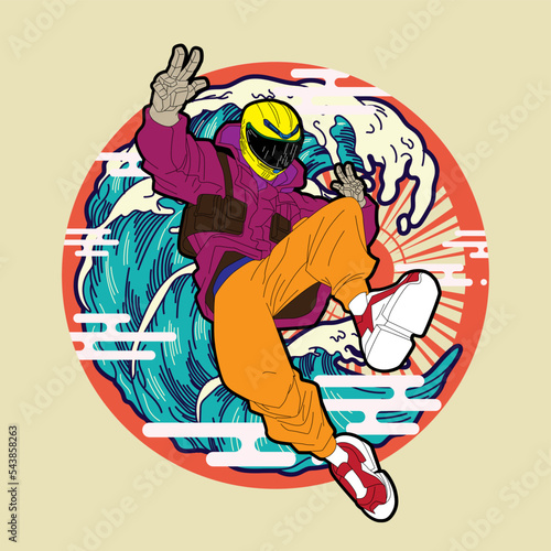 biker illustration with japanese style for kaijune event, notebook, logo
