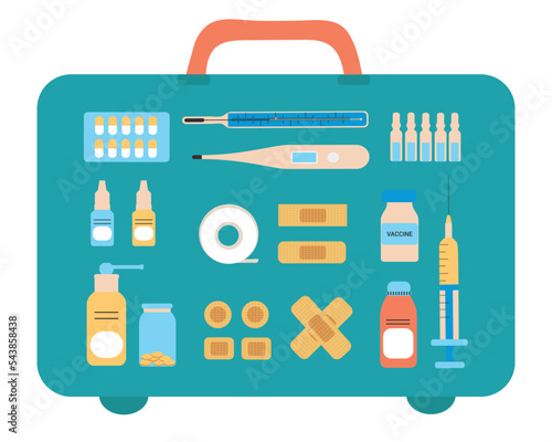 First aid kit isolated on white background. The concept of health, care and medical diagnosis. Flat design. Vector illustration.