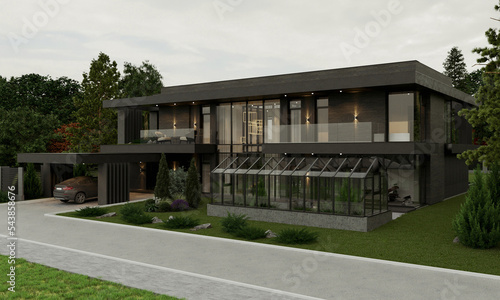 Modern house with large panoramic windows. Exterior. Brick facade of the house. Flat roof.