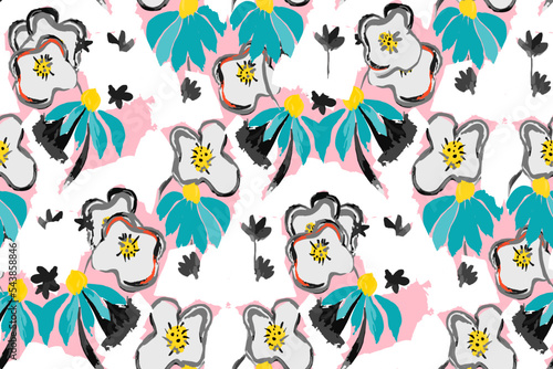 Simple seamless pattern of hand drawn gouache flowers, abstract colorful background.