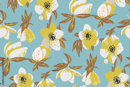 Simple seamless pattern of hand drawn gouache flowers, abstract colorful background.