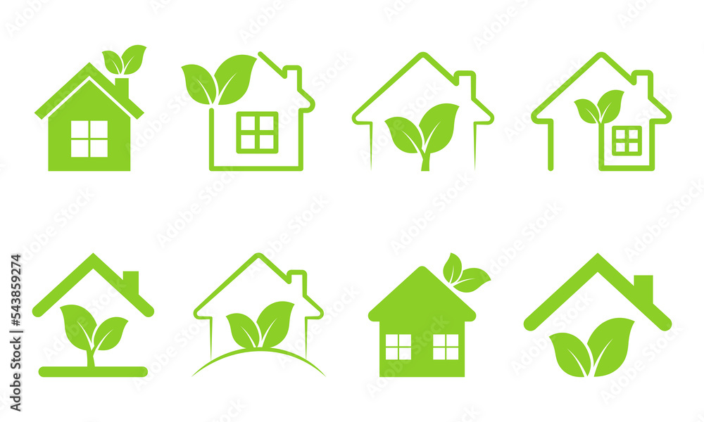 Obraz premium Set of eco green home vector icons. Green house concept. Ecology house. Home and leaf.