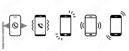Set of vibration and ringing phone vector icons on white background. Signal on smartphone. Incoming notification. Line icon.