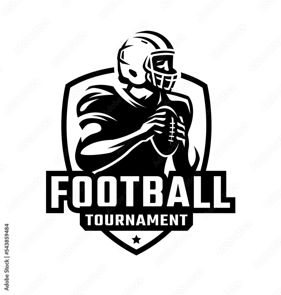 Logo, emblem with an American football player and the inscription Football tournament. Vector illustration. Logo, emblem with an American football player and the inscription Football tournament. Vector illustration.