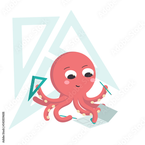 Octopus cartoon character in red color is working and studying with notebook, pencils and ruler.