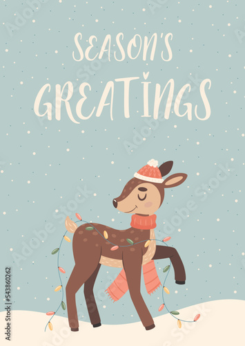 Happy Christmas greeting card with cute cartoon deer character and abstract winter background. Vector