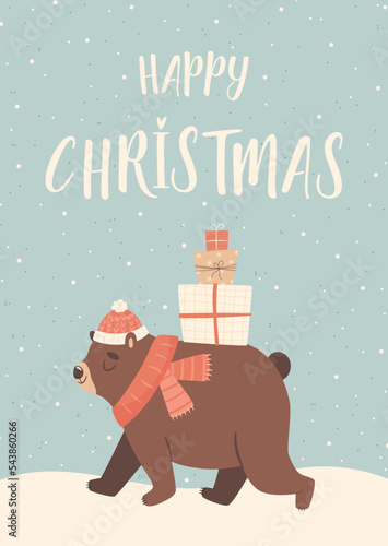 Happy Christmas greeting card with cute cartoon bear character and abstract winter background. Vector