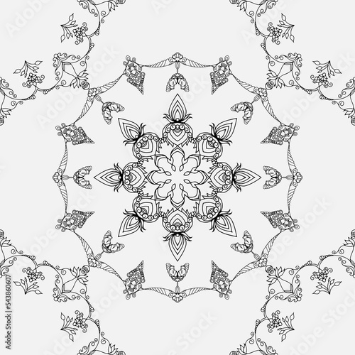 seamless botanical pattern of painted oriental motifs on a white background