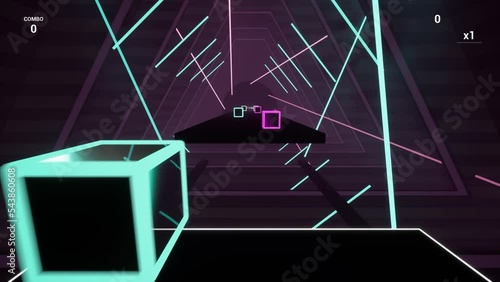 Gameplay of saber music rhythm game in first person smartphone. Fake game with cuts cubes by beat by fingers touchscreen in saber game metaverse. 140 bpm. Neon environment and dynamic stage lights.