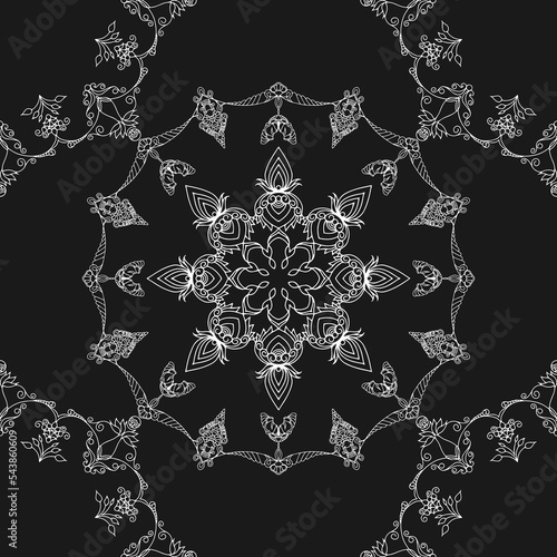 seamless botanical pattern of painted oriental motifs on a white background