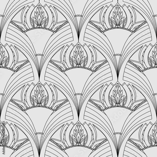 seamless botanical pattern of painted oriental motifs on a white background
