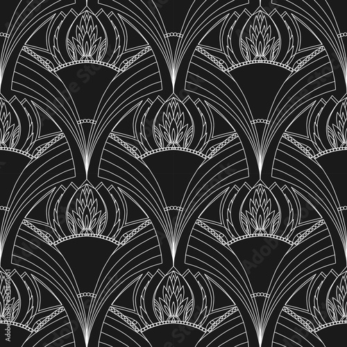 seamless botanical pattern of painted oriental motifs on a white background