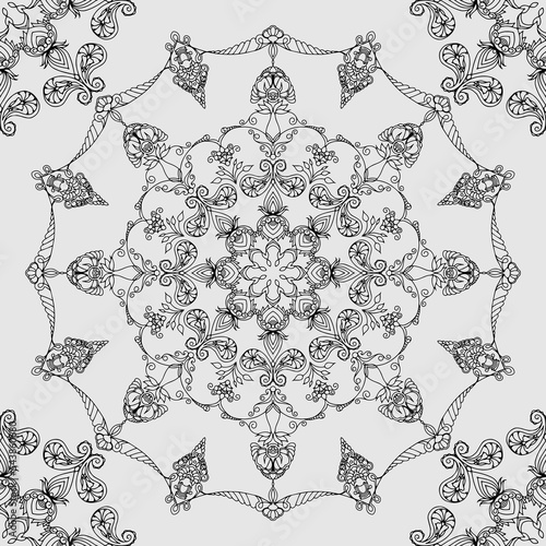 seamless botanical pattern of painted oriental motifs on a white background