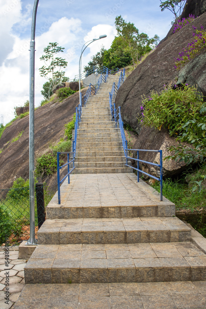 Escadaria da Pedra Bela, stairway to climb to the top of the stone and catholic shrine in the city of Pedra Bela, state of São Paulo, Brazil