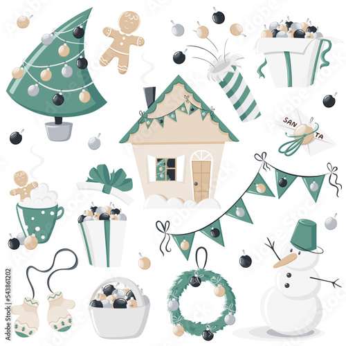 Cute and cozy New year, Christmas set with tree, garland, gifts, wreath, cracker, chocolate, gingerbread, glass balls. Vector illustration for product design, banners, cards in cartoon doodle style