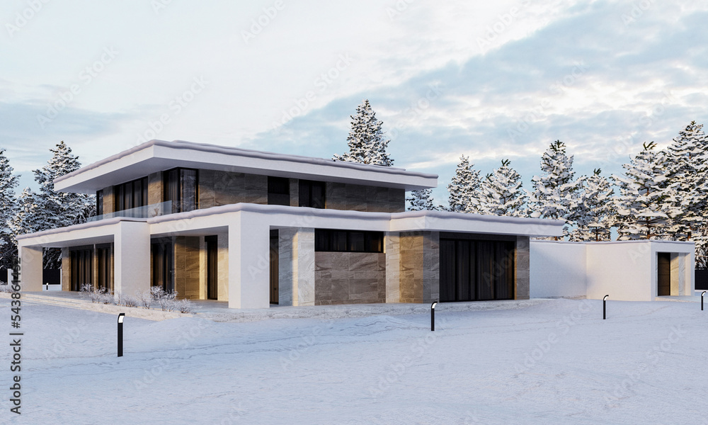 Modern house with large panoramic windows. House in the winter in the snow. Facade of a stone house. House with pool