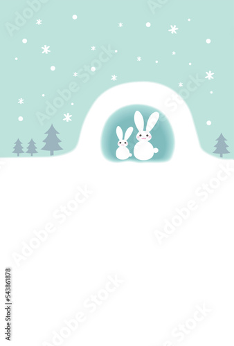 兎の親子がかまくらに入っている雪景色ハガキテンプレート緑