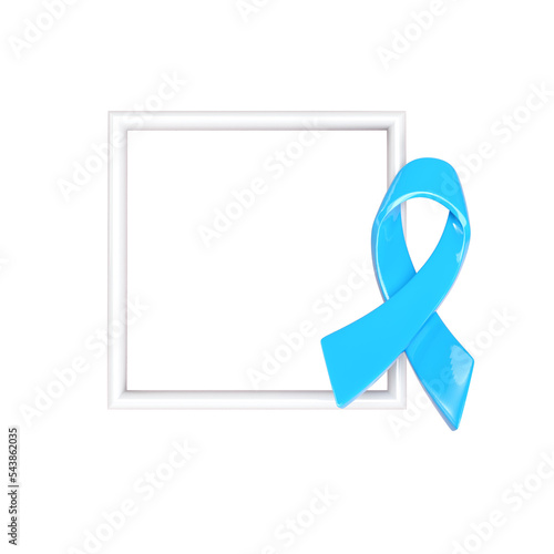 3D illustration of blue awareness ribbon with white frame for element of prostate cancer, thyroid disease, Stevens Johnson syndrome and addiction recovery photo
