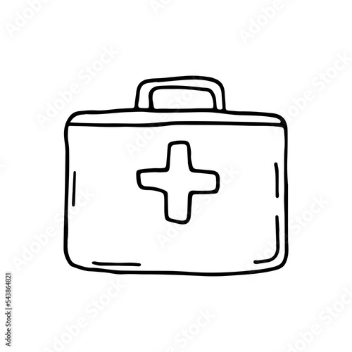 Medical first aid kit. A set of dressings, tools and devices intended for first aid. Urgent care. Doodle. Hand drawn. Vector illustration. Outline.