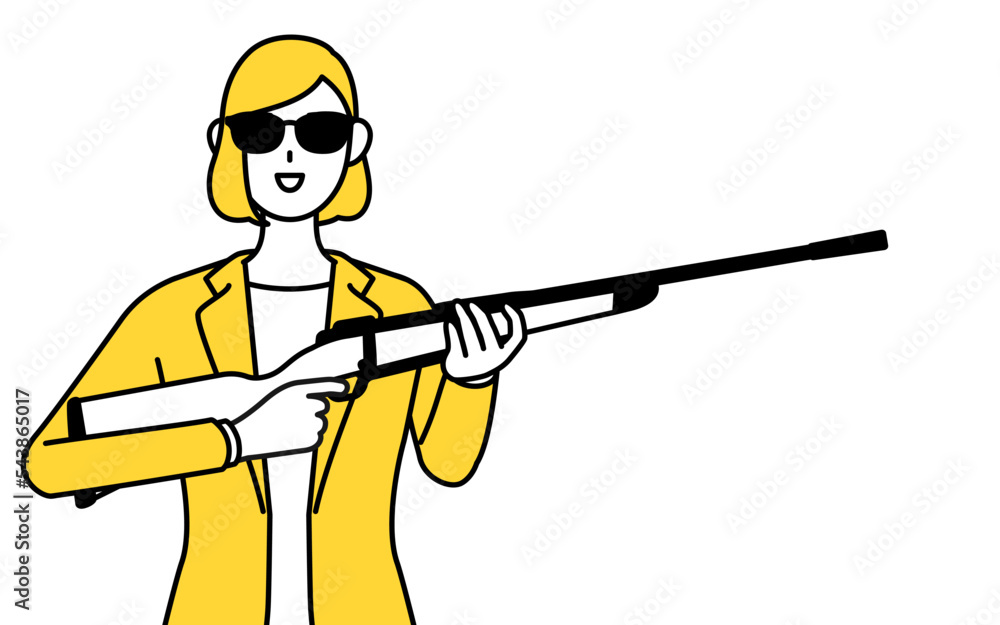 サングラスをかけてライフル銃を持つスーツ姿の女性のシンプルな線画イラスト