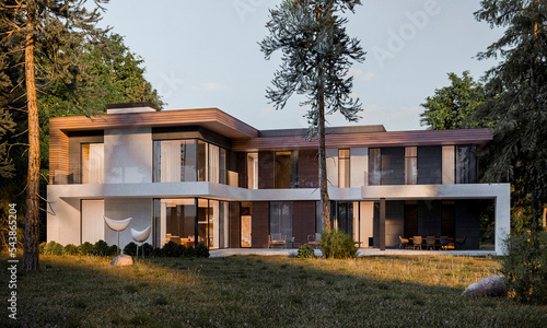Modern house in the forest. House with a flat roof and panoramic windows. Facade made of porcelain stoneware. © House