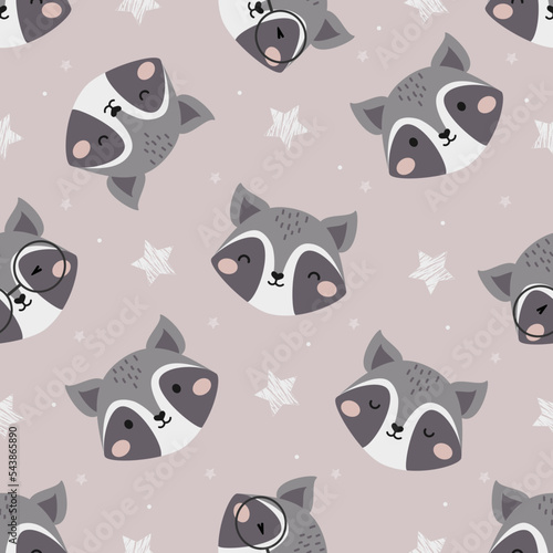 Seamless Vector Pattern with Cute Raccoon face and star. Childish Cartoon Animals Background. design for fabric, wrapping, textile, wallpaper, apparel and more