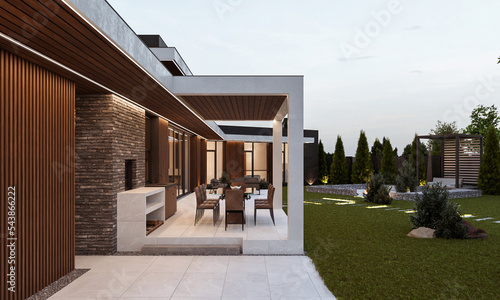 House in modern style. Exterior. Wooden facade of the house. 3D visualization. House with a flat roof.