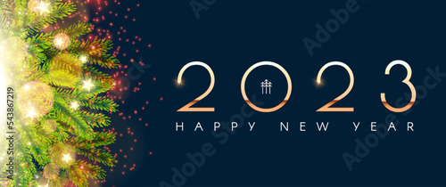 Happy new 2023 year Elegant gold text with fir tree branches and light effects.