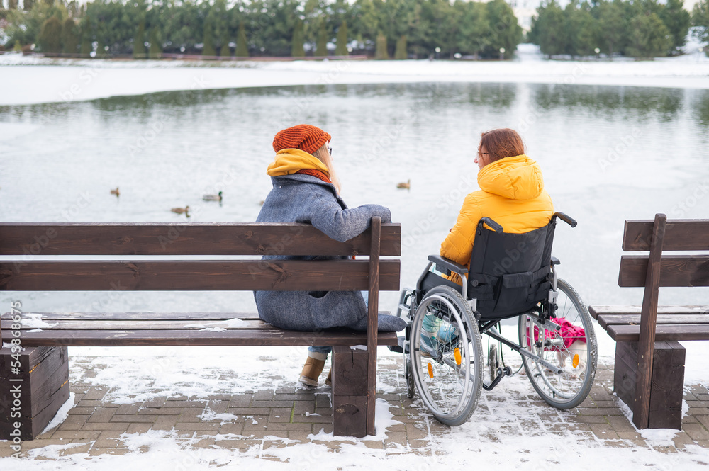 Caucasian woman in a wheelchair and her friend are sitting by the lake with ducks in winter. Caucasian woman in a wheelchair and her friend are sitting by the lake with ducks in winter.