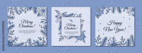 Set of Merry Christmas and happy New year blue greeting cards. Festive background with hand drawn winter plants. Vintage design in sketch style. Space for text