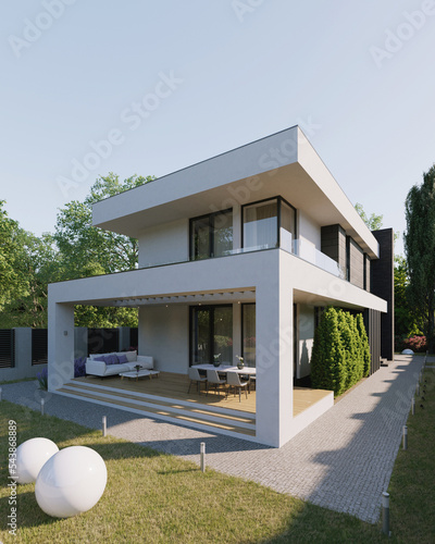 Modern home on a small lot. 3D visualization of the house. Bright facade of the house. panoramic windows