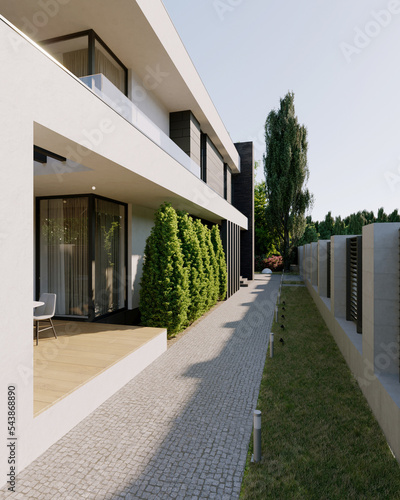 Modern home on a small lot. 3D visualization of the house. Bright facade of the house. panoramic windows