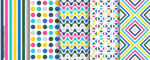 Set of color seamless geometric patterns. Abstract fashion backgrounds - vibrant design. Tile mosaic textures. Simple endless prints