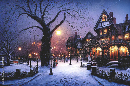 A fabulous winter town with old streets and Victorian style houses. Winter streets, lanterns, December. Winter festive Christmas decorations of the city. Card. © MiaStendal
